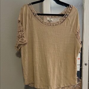 Umgee Tan Blouse with Lace Accents